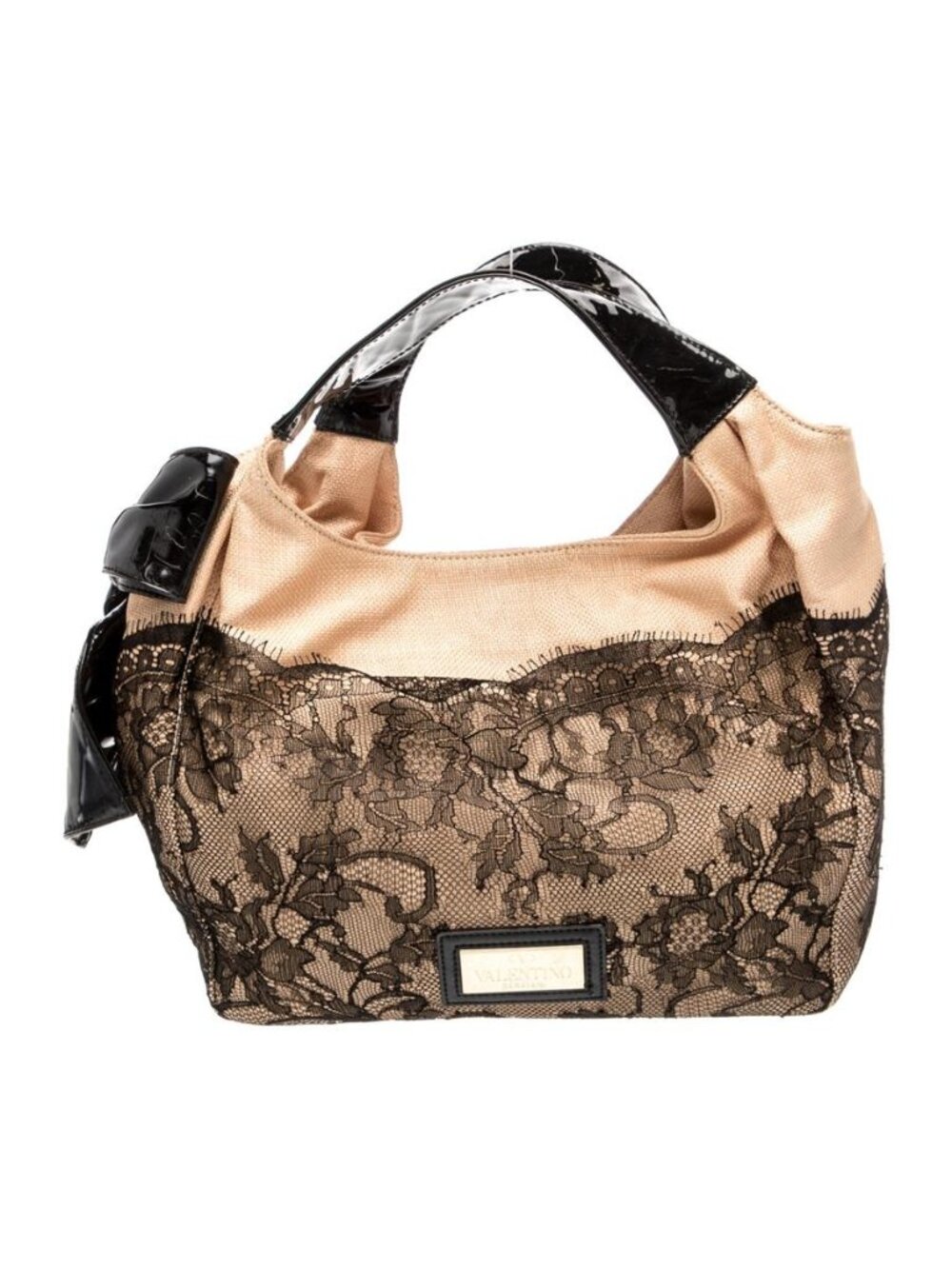 NWOT - Valentino Black Lace Neutral Canvas Bow Top Handle Shoulder Bag